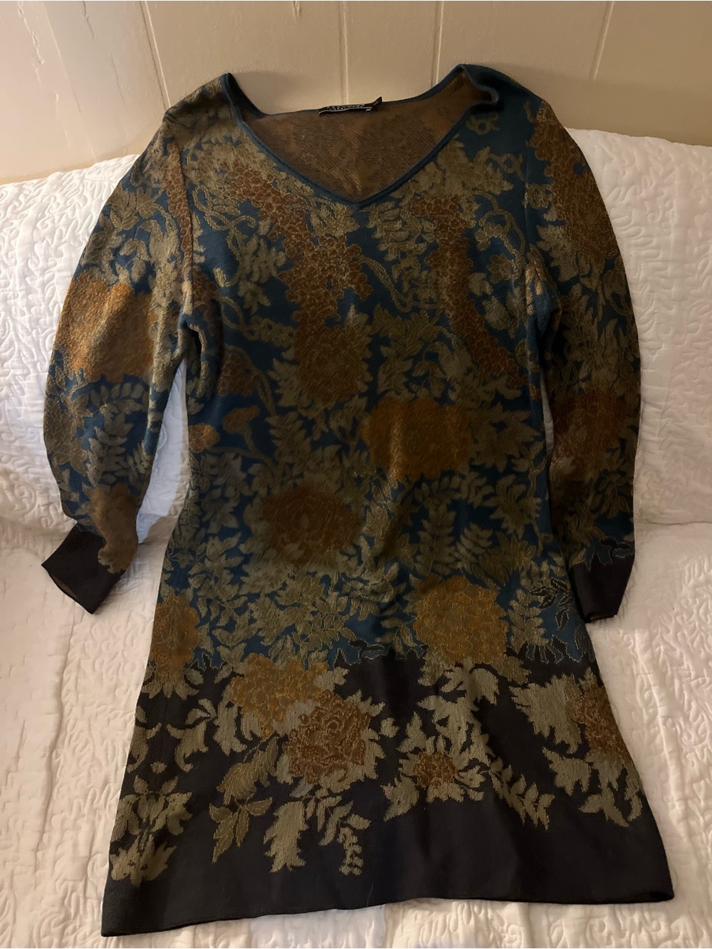 Peruvian Connection Floral Jacquard V-Neck Knit Dress in Blue & Brown